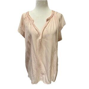 Loft Women's XL Pink Blouse Cap Sleeve V Neck Floaty Fabric Bead Trim Boho